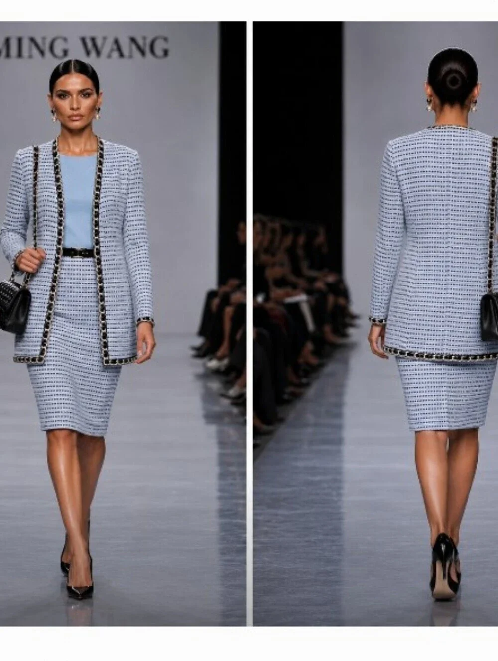 Ming Wang M-L 3 Pc Blue Black Knit Tweed Boucle Chain Light Weight Skirt Suit